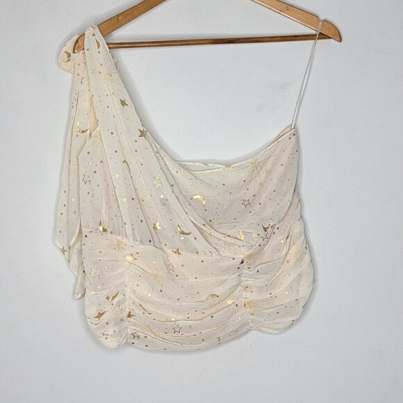 Torrid Chiffon Foil One Shoulder Crop Top Ivory Stars / Moon Women's Plus Size 2 - Picture 2 of 6